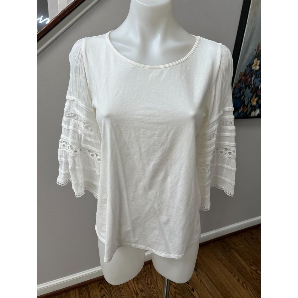 One September Anthropologie Southern Eyelet Bell Sleeve White Top Blouse Size XS